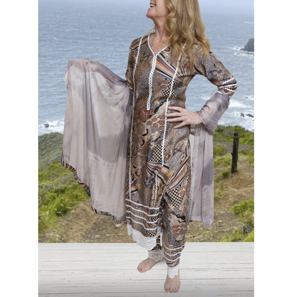 Kalki Casual Multi-Color Rayon Organic Design, Cotton Lace Trim Kurta Set Sz S